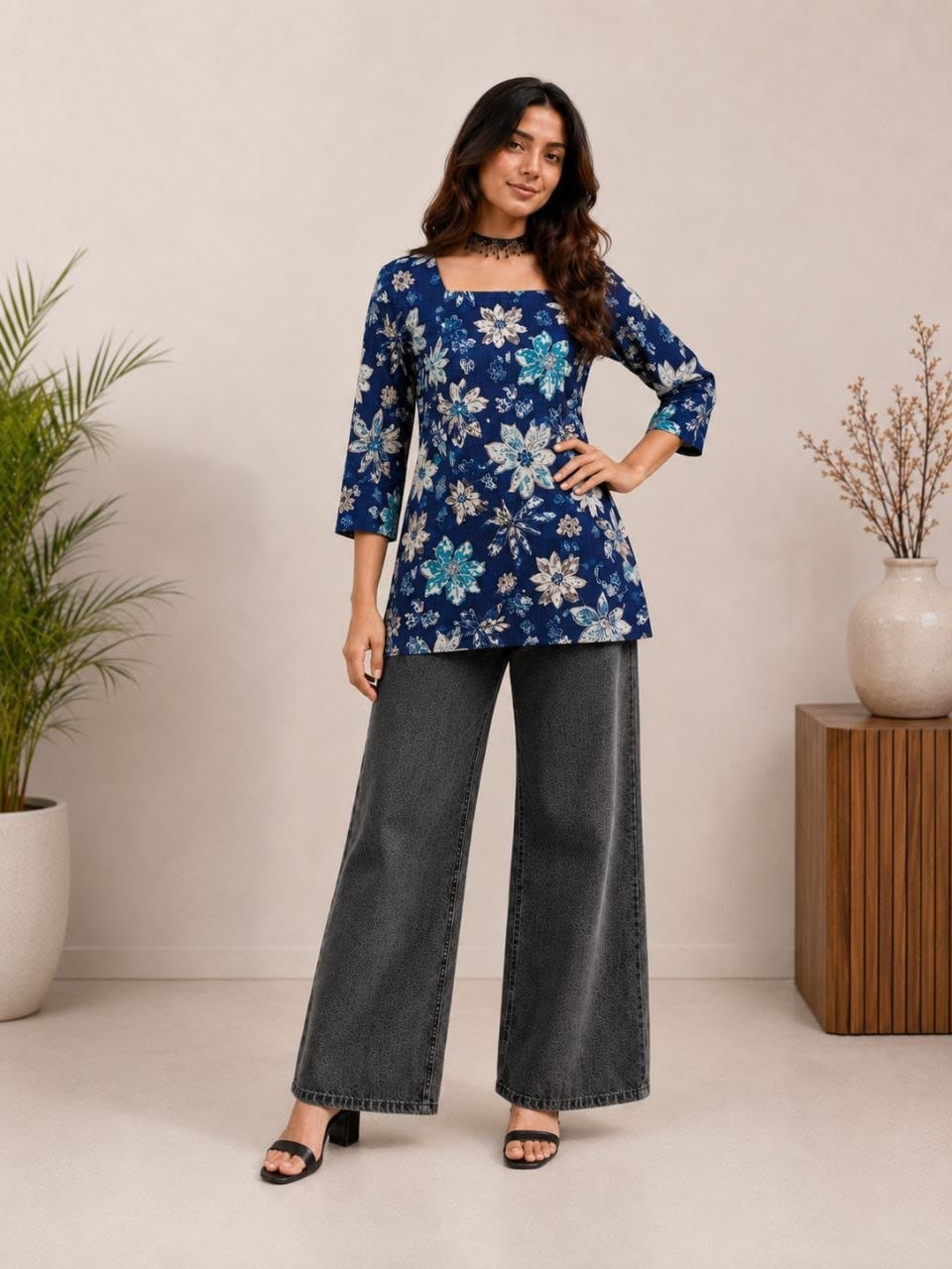 Women's Blue Floral Print Square Neck Casual Top