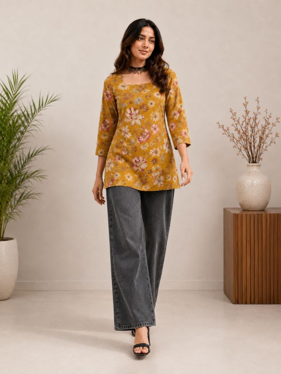 Women's Mustard Floral Print Square Neck Casual Top
