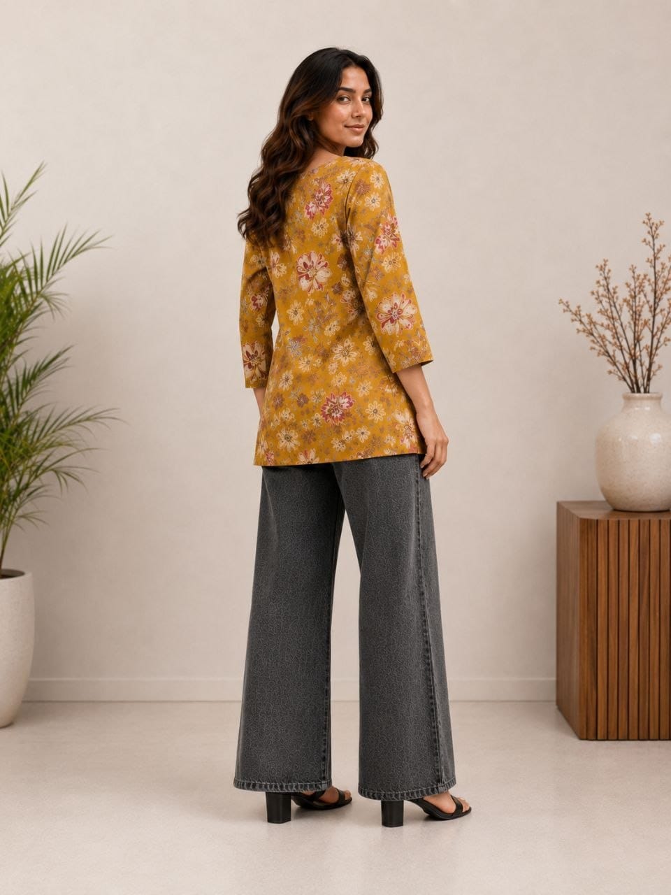 Women's Mustard Floral Print Square Neck Casual Top