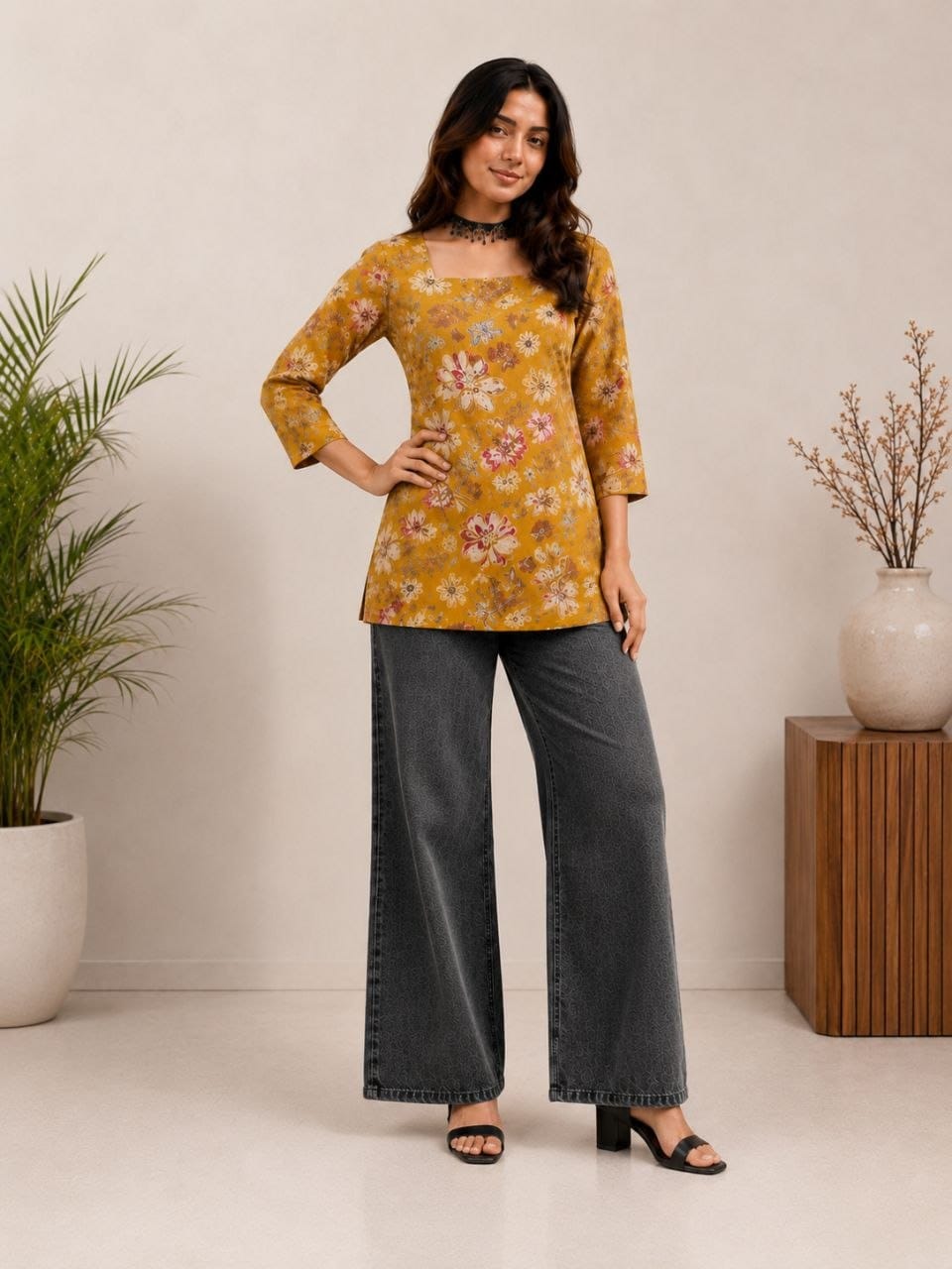 Women's Mustard Floral Print Square Neck Casual Top