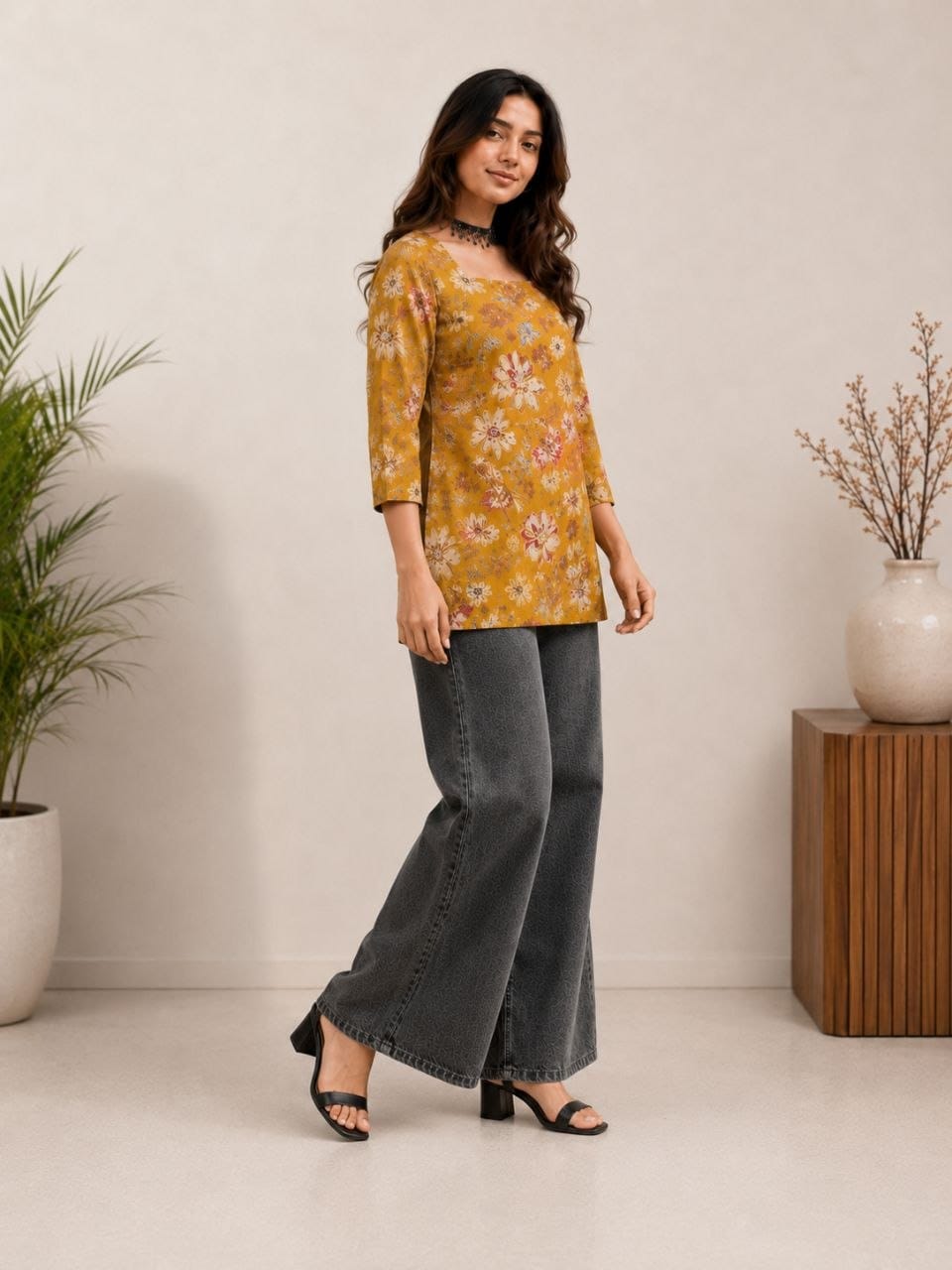 Women's Mustard Floral Print Square Neck Casual Top