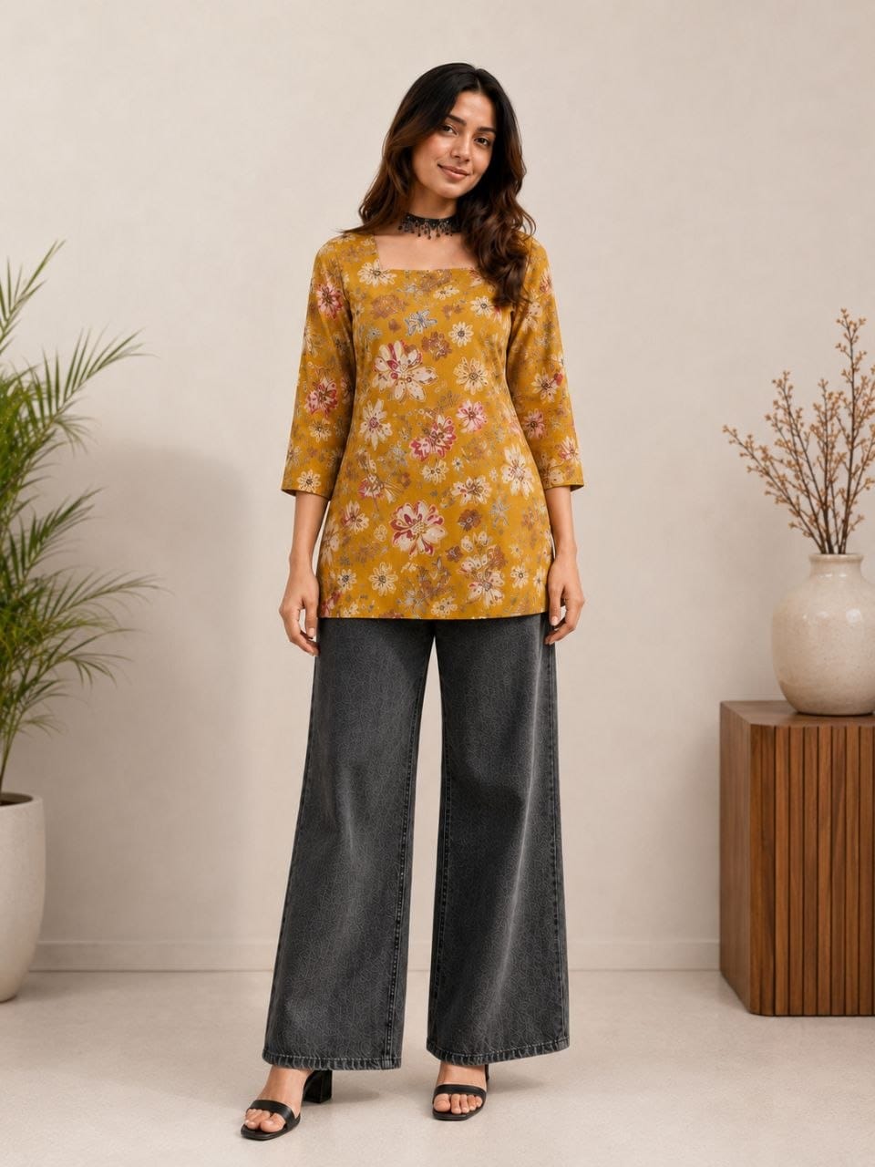 Women's Mustard Floral Print Square Neck Casual Top