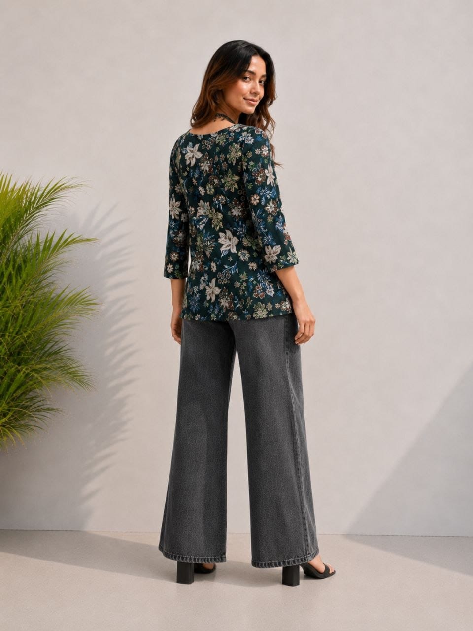 Women's Dark Green Floral Print Square Neck Casual Top