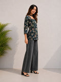 Women's Dark Green Floral Print Square Neck Casual Top