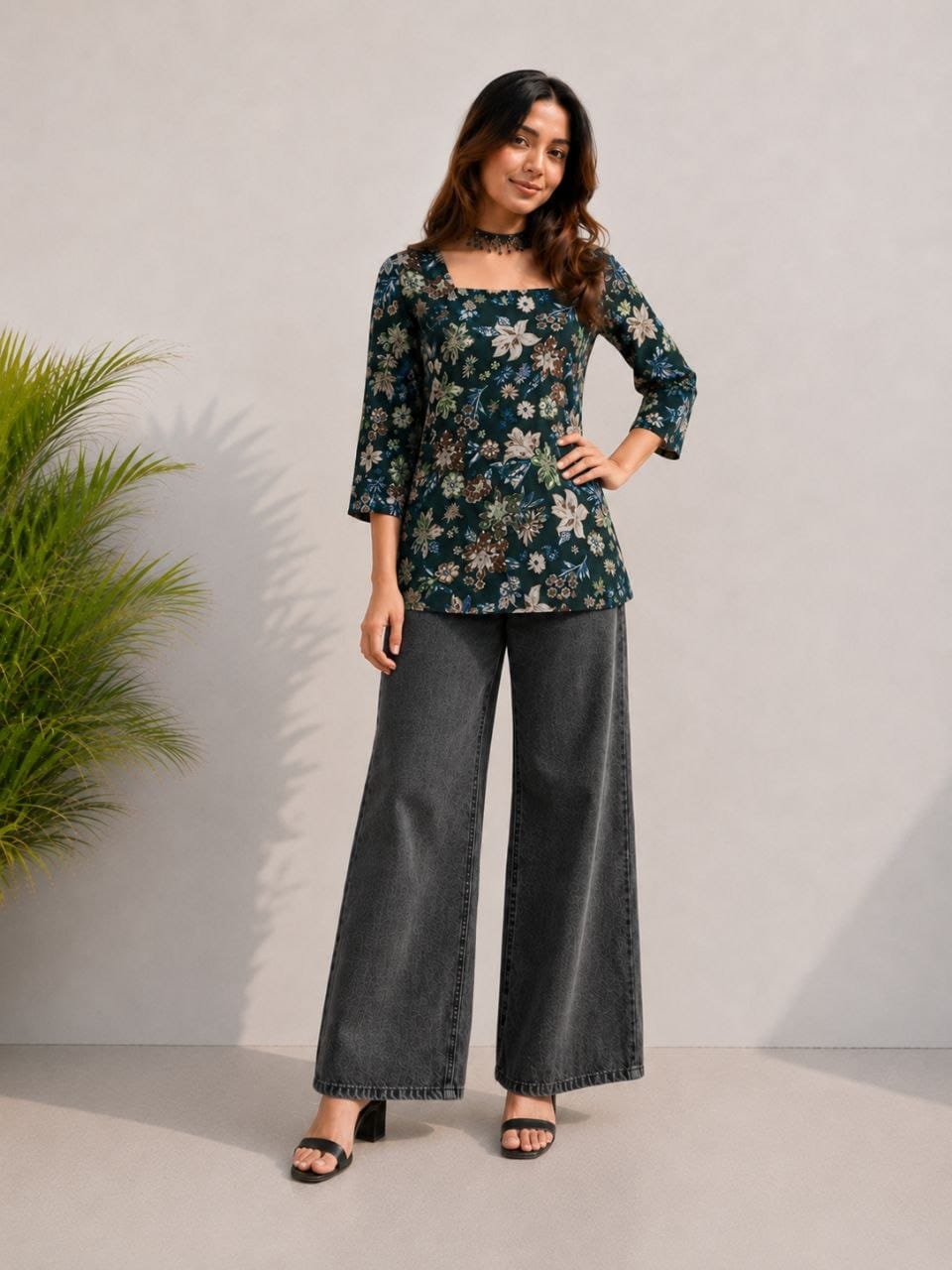 Women's Dark Green Floral Print Square Neck Casual Top
