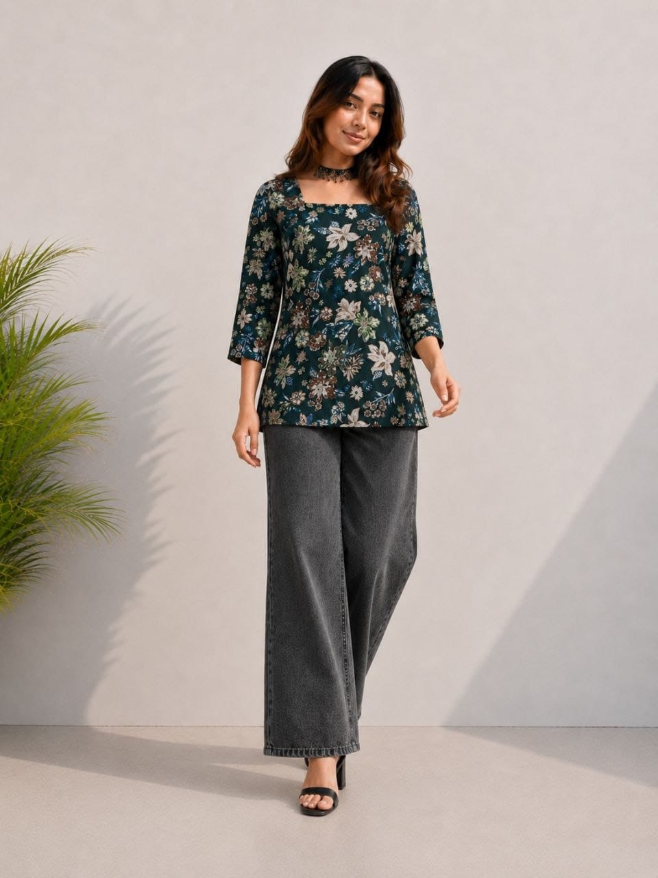 Women's Dark Green Floral Print Square Neck Casual Top