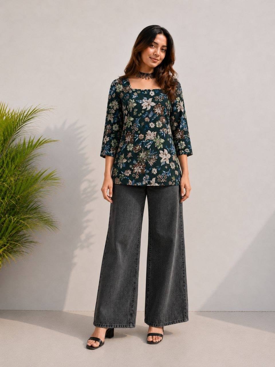 Women's Dark Green Floral Print Square Neck Casual Top