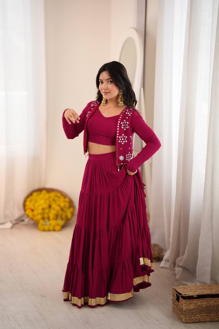 Women’s Maroon Embroidered Lehenga Choli Set