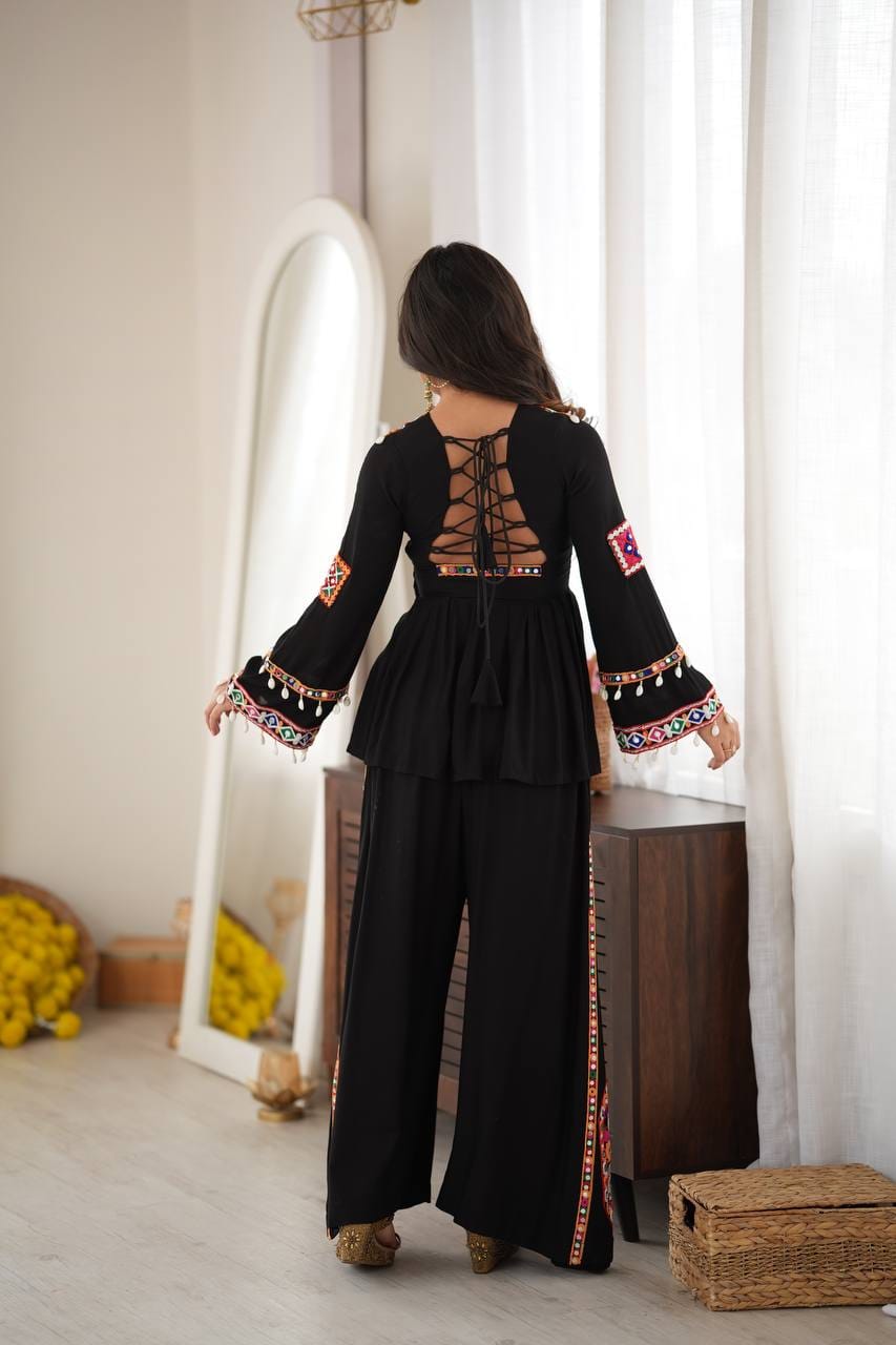 Women’s Black Embroidered Ethnic Set with Multicolor Mirror Work