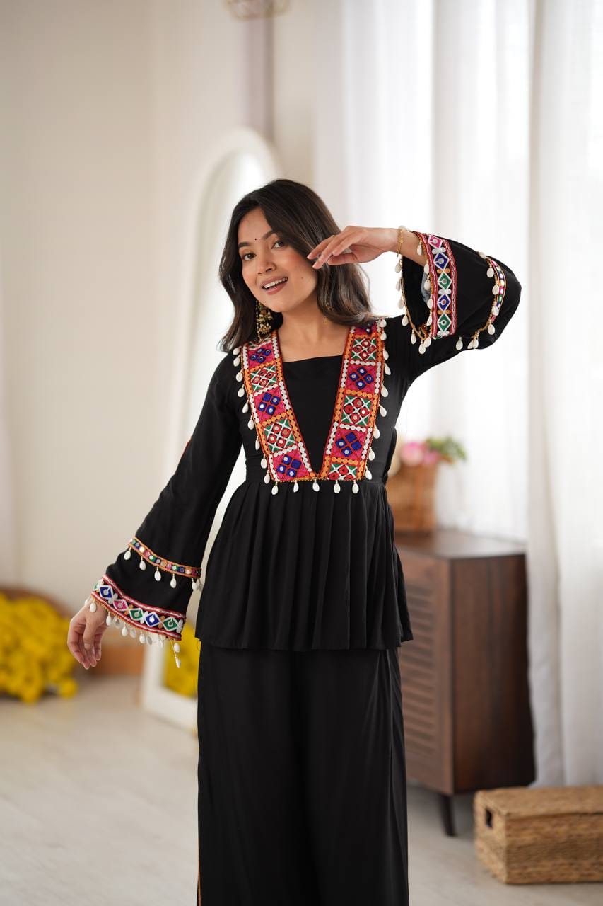 Women’s Black Embroidered Ethnic Set with Multicolor Mirror Work