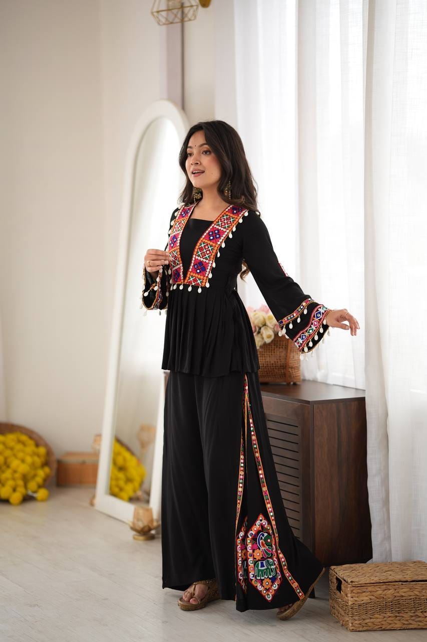Women’s Black Embroidered Ethnic Set with Multicolor Mirror Work