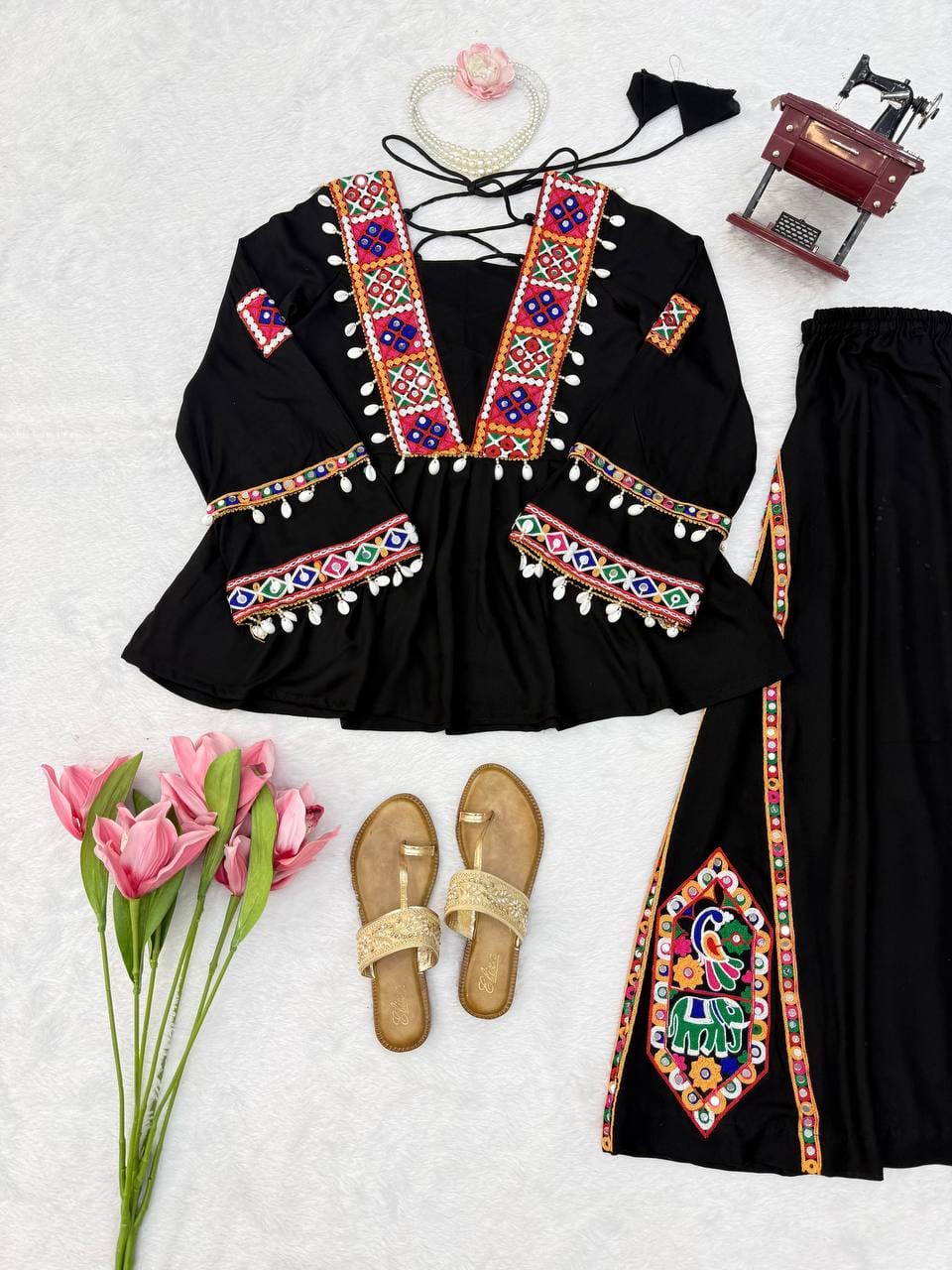 Women’s Black Embroidered Ethnic Set with Multicolor Mirror Work