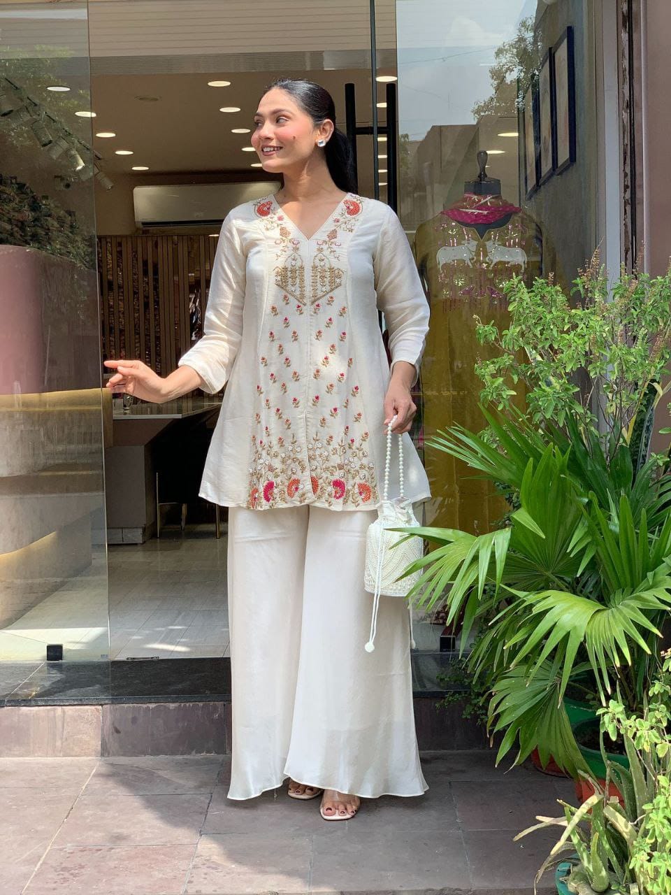 Ivory Floral Embroidered Short Kurta with Palazzo Set