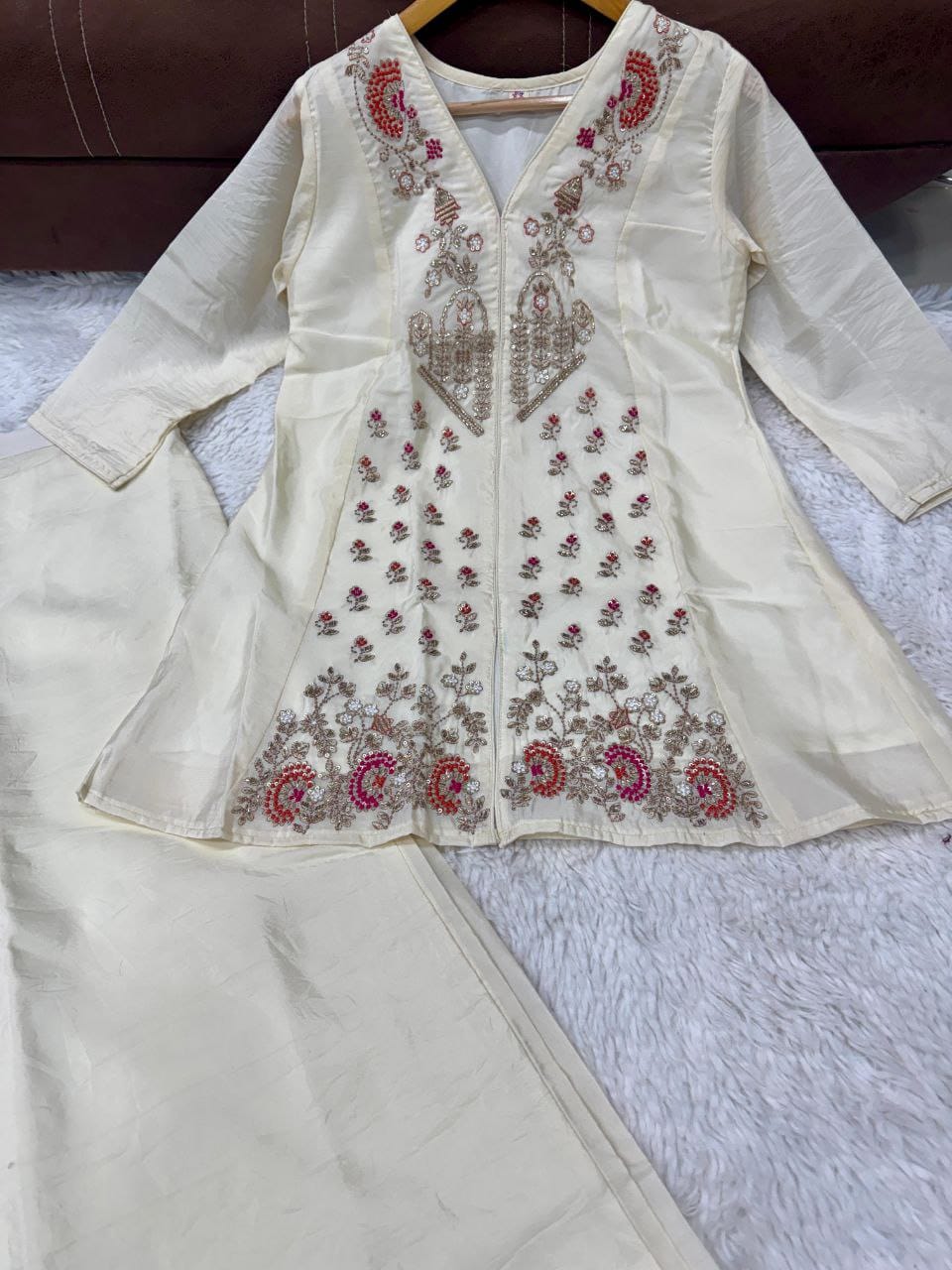 Ivory Floral Embroidered Short Kurta with Palazzo Set
