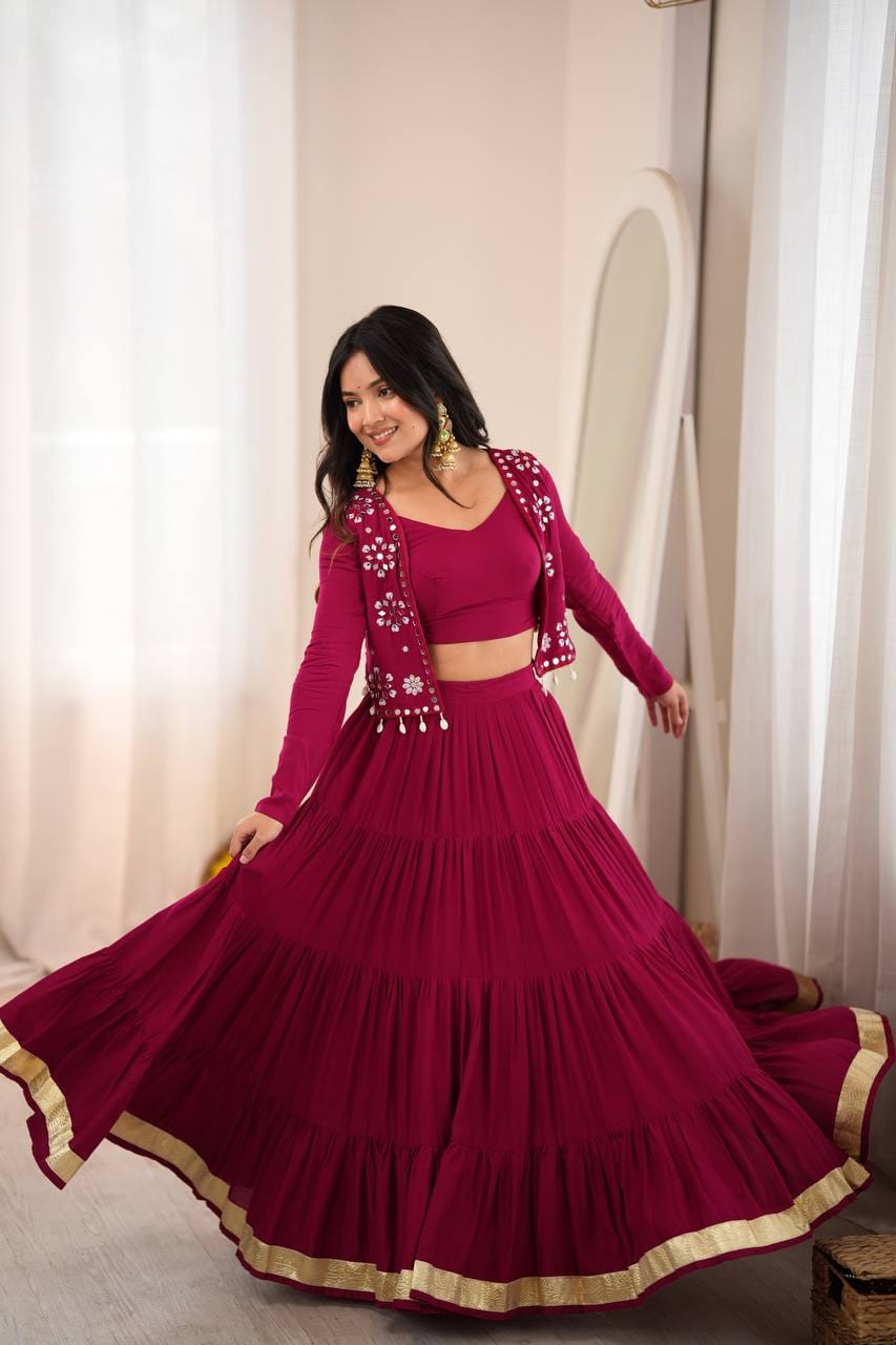 Women’s Maroon Embroidered Lehenga Choli Set