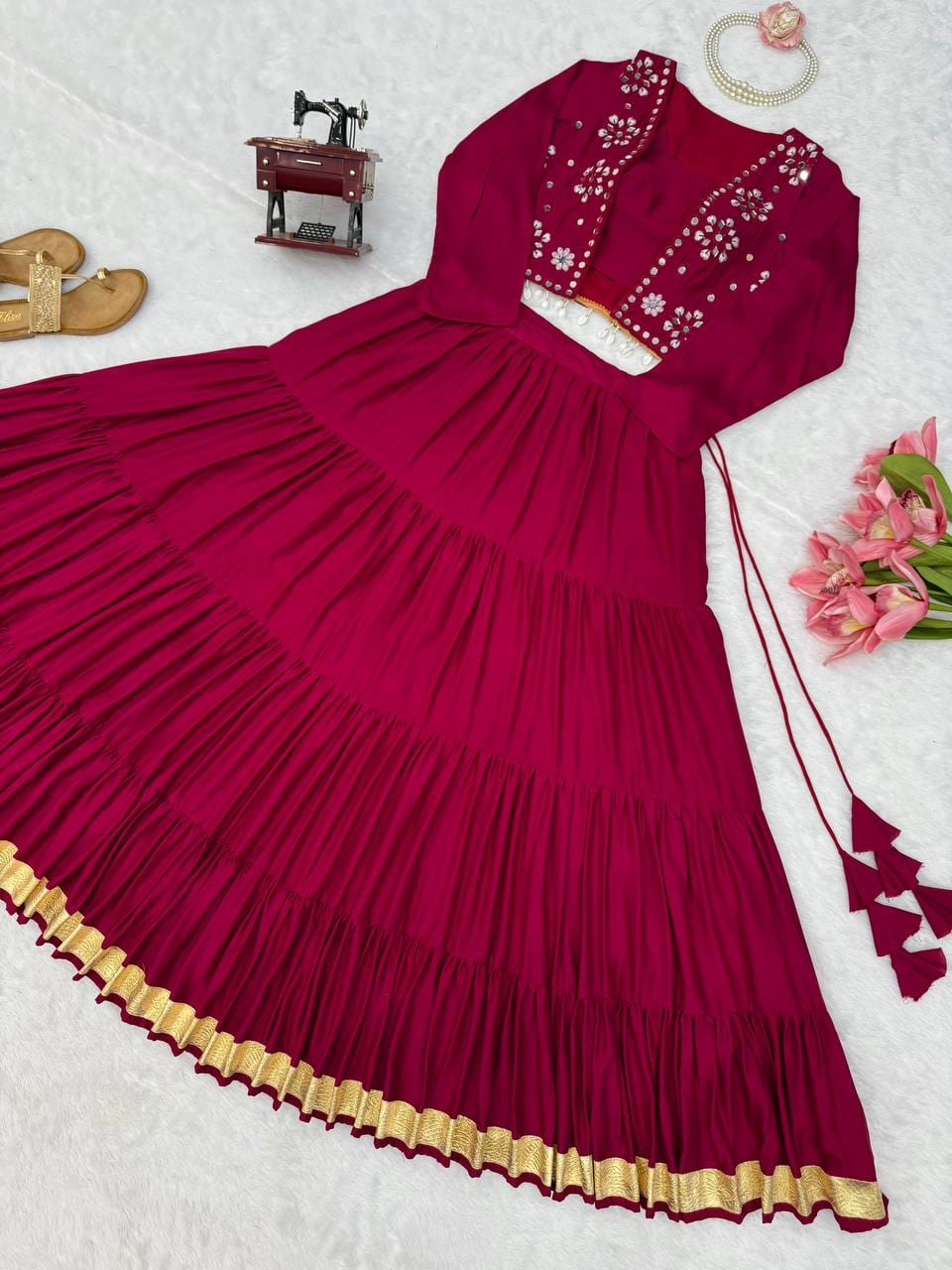 Women’s Maroon Embroidered Lehenga Choli Set