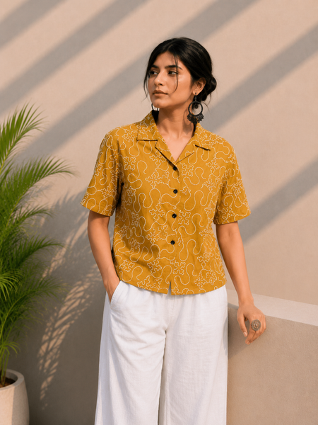 Mustard Embroidered Cotton Shirt | Relaxed Fit Casual Top