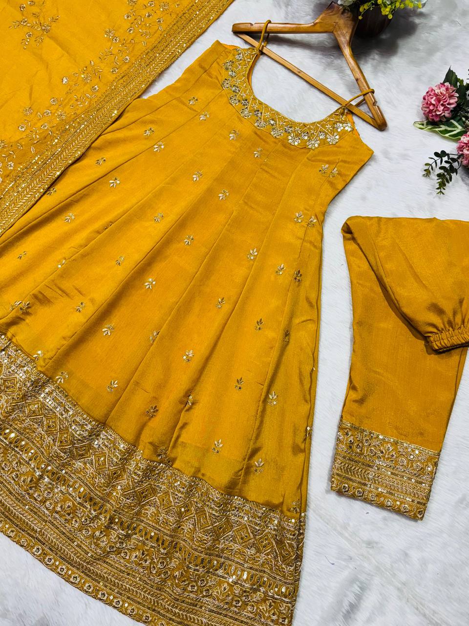 Embroidered Anarkali Kurta Set with Pants & Designer Dupatta