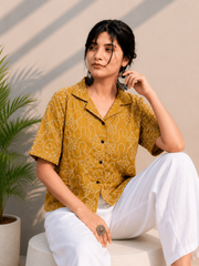 Mustard Embroidered Cotton Shirt | Relaxed Fit Casual Top