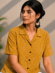 Mustard Embroidered Cotton Shirt | Relaxed Fit Casual Top