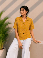 Mustard Embroidered Cotton Shirt | Relaxed Fit Casual Top