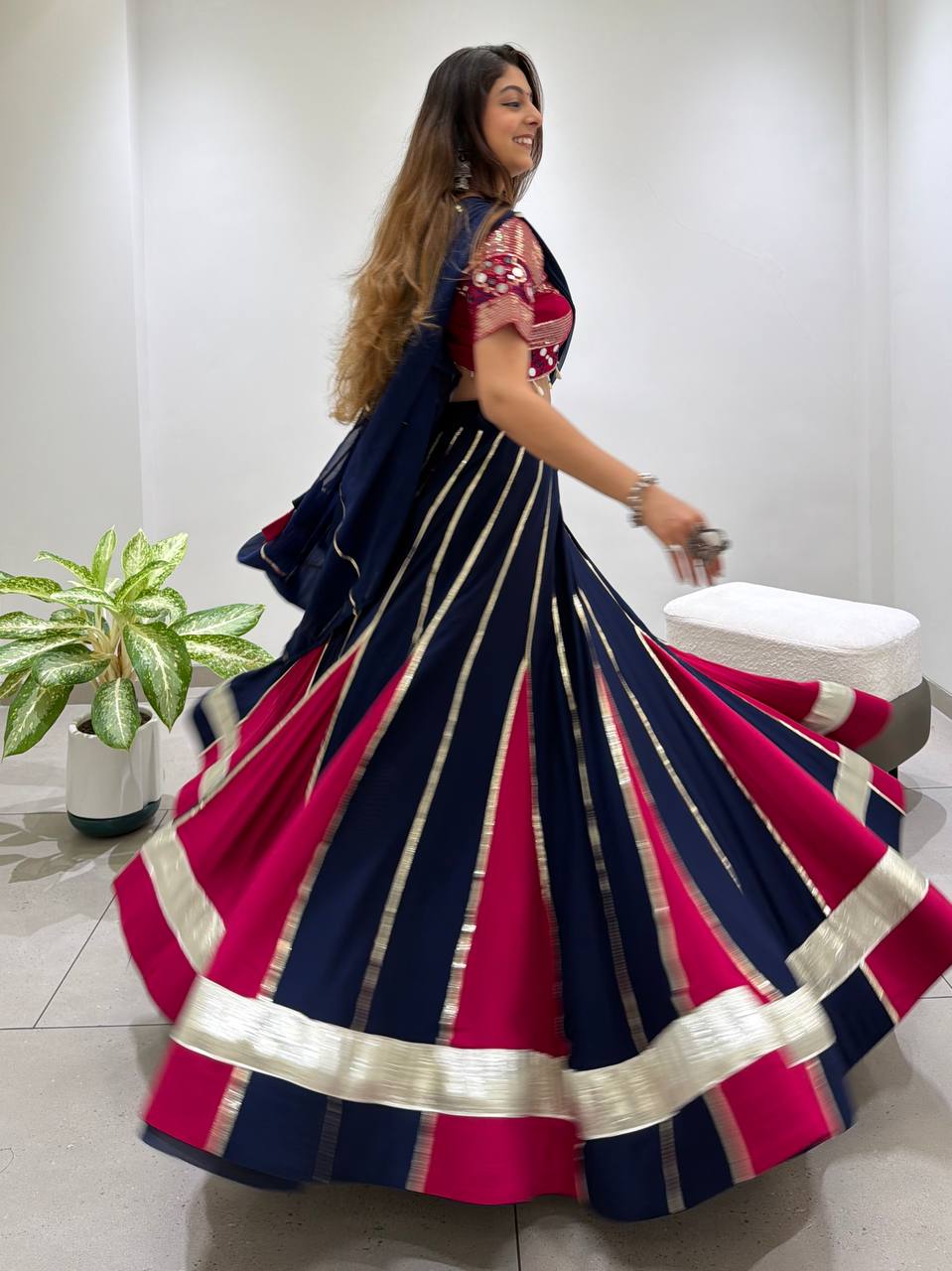 Navy Blue & Wine Designer Lehenga Choli with Dupatta