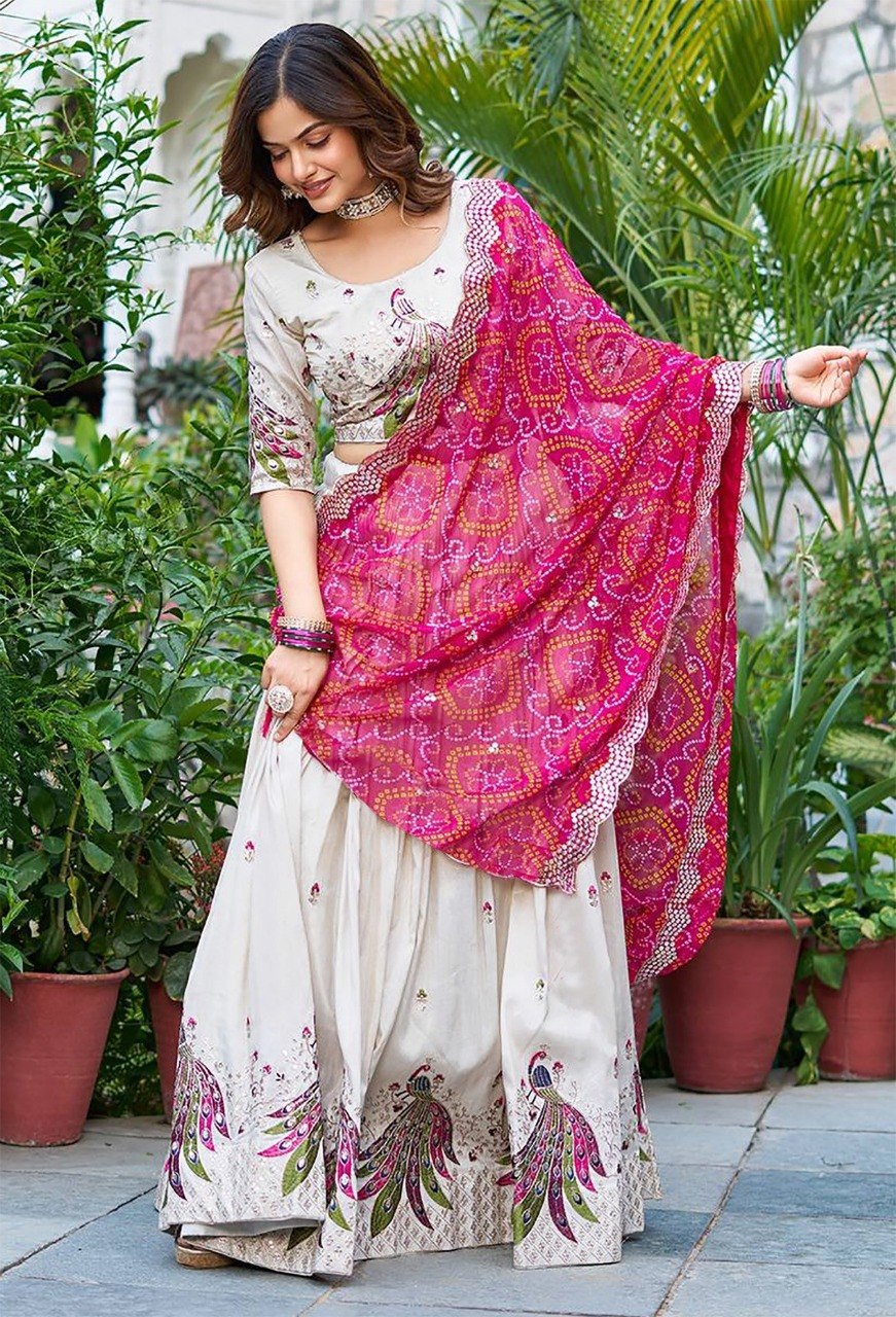 Peacock Embroidered Lehenga Choli with Bandhani Dupatta set