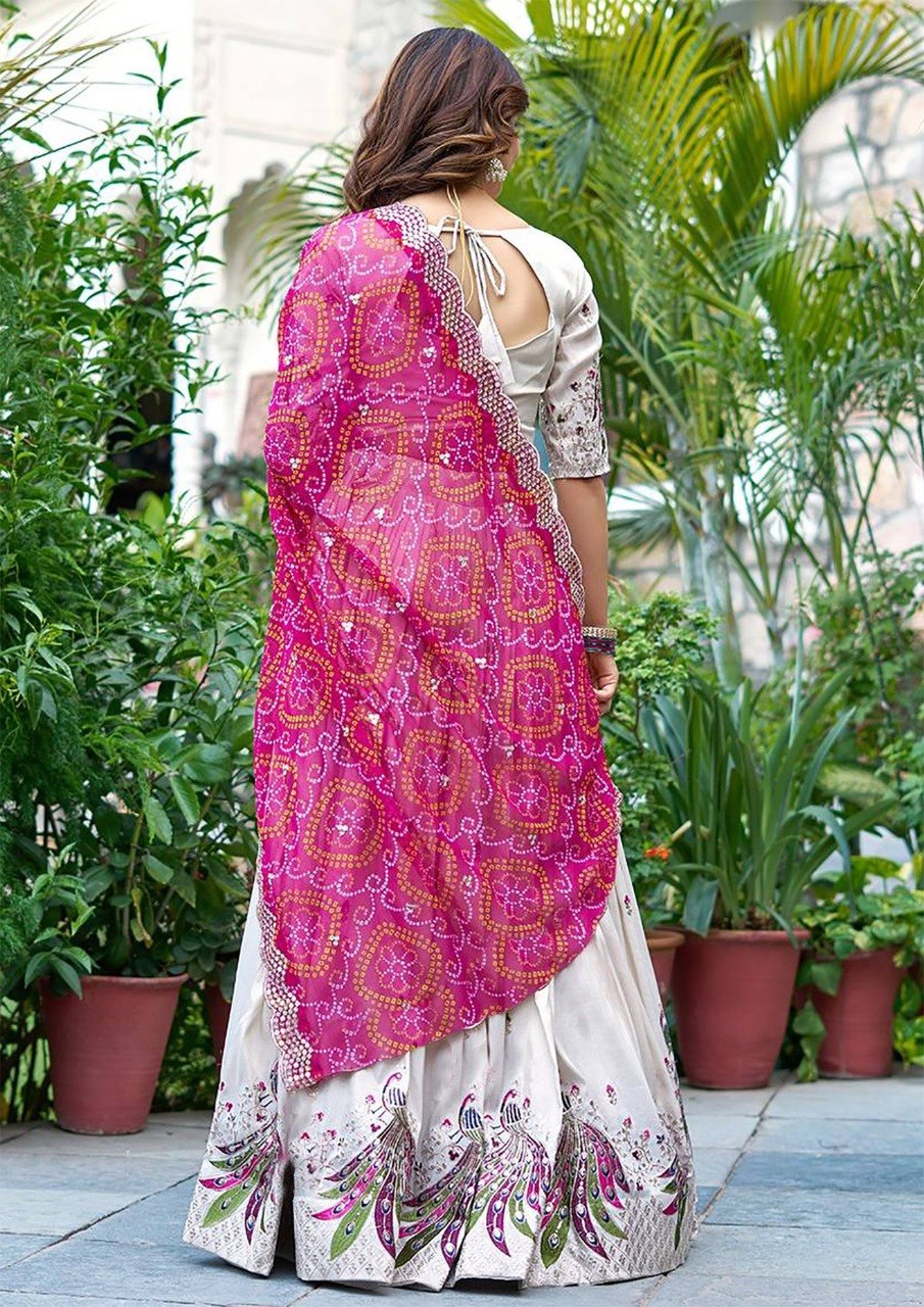 Peacock Embroidered Lehenga Choli with Bandhani Dupatta set