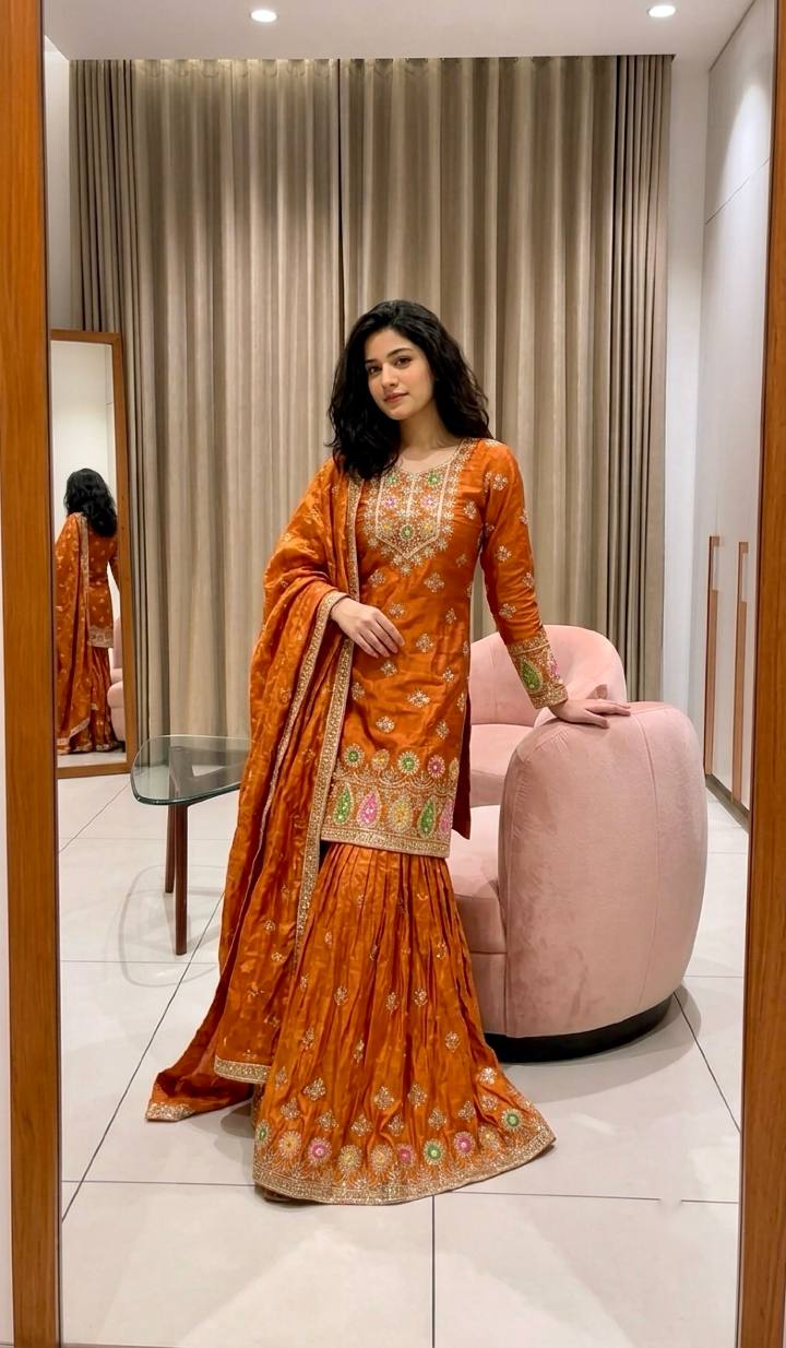 Orange Embroidered Sharara Suit Set with Dupatta