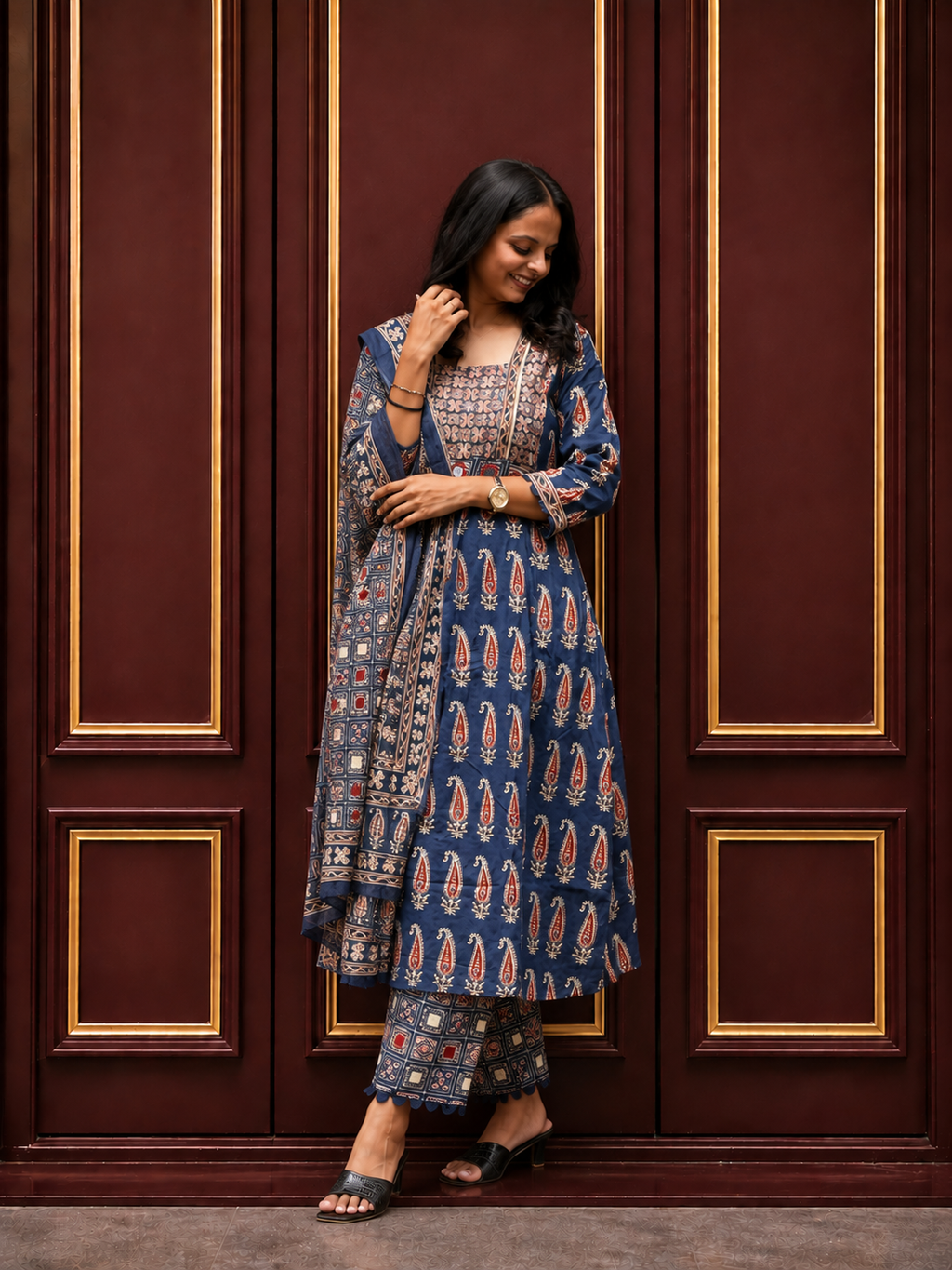 Navy Blue Paisley Printed Cotton Kurta Set with Dupatta