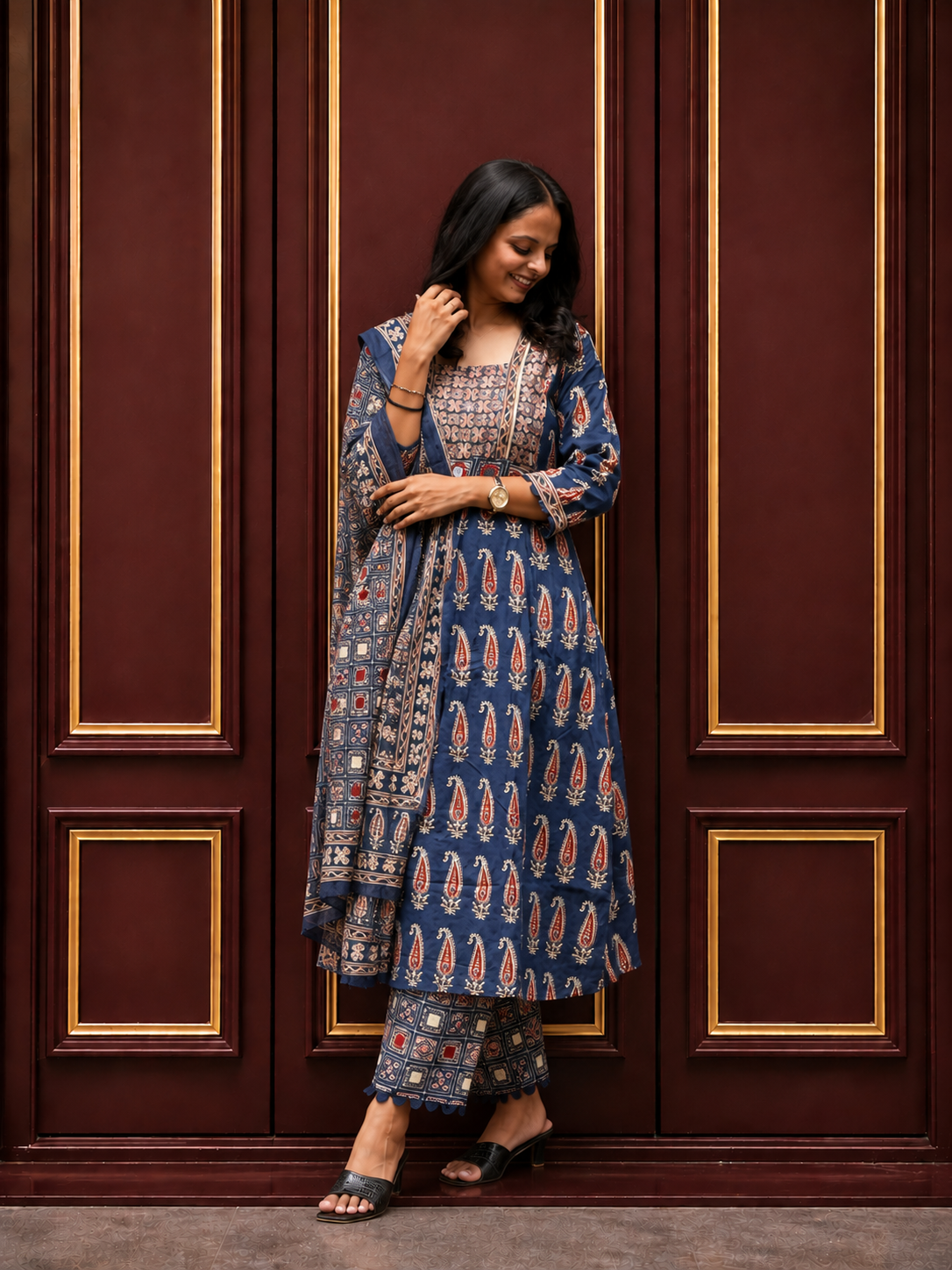 Navy Blue Paisley Printed Cotton Kurta Set with Dupatta