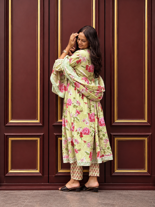 Sage Green Floral Printed Cotton Kurta Set with Dupatta