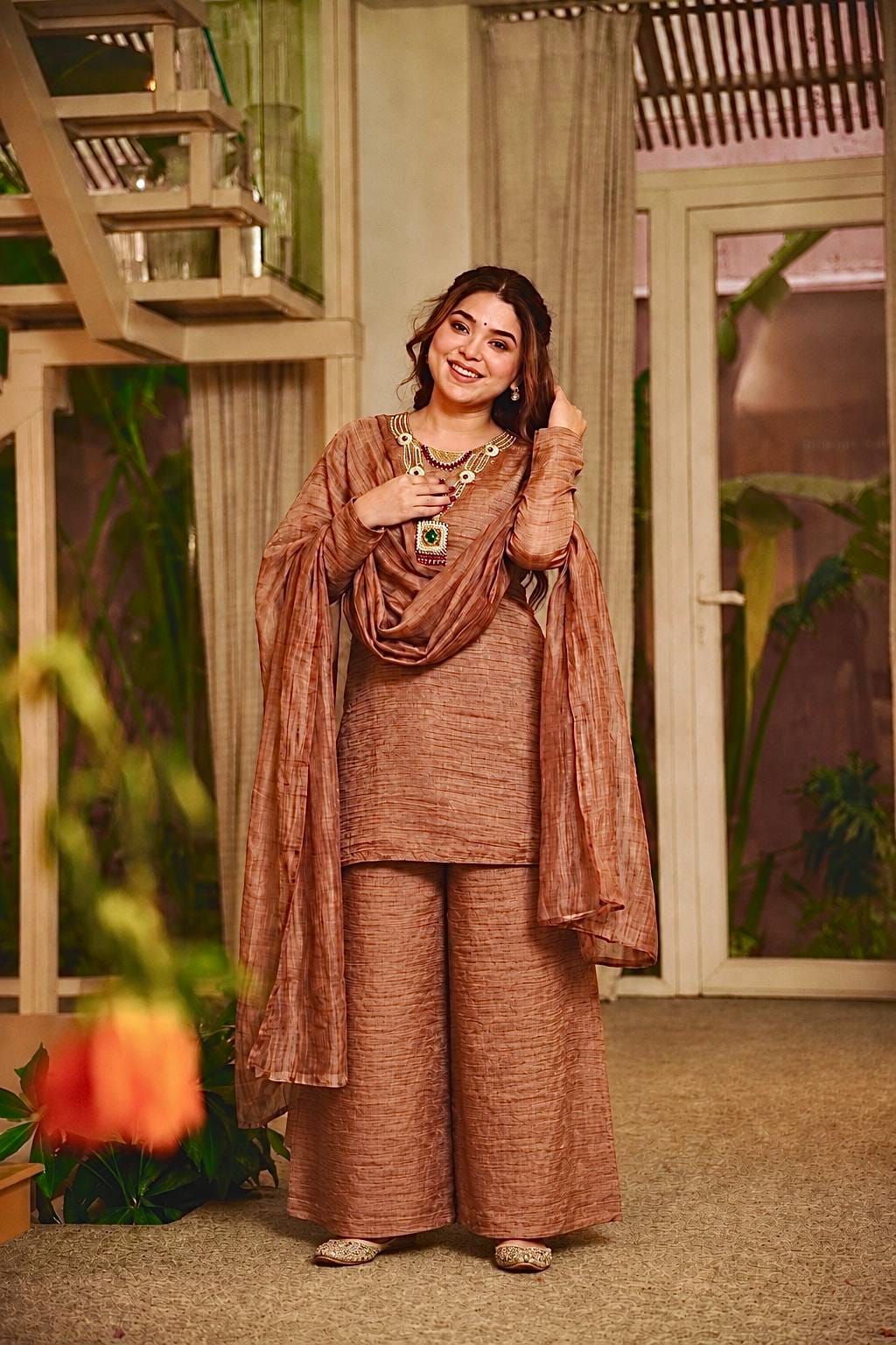 Women’s Brown Textured Kurta Palazzo Set