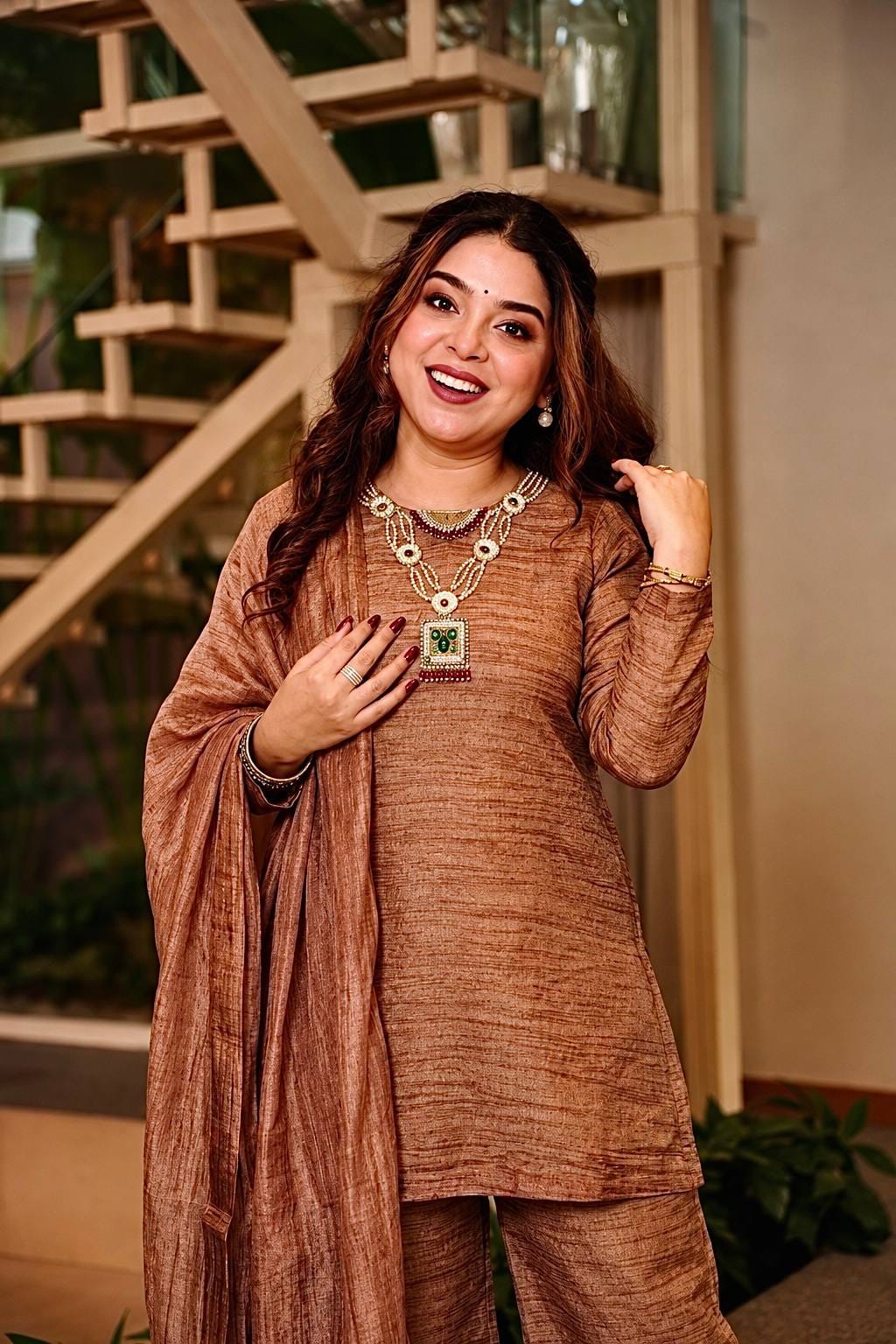 Women’s Brown Textured Kurta Palazzo Set