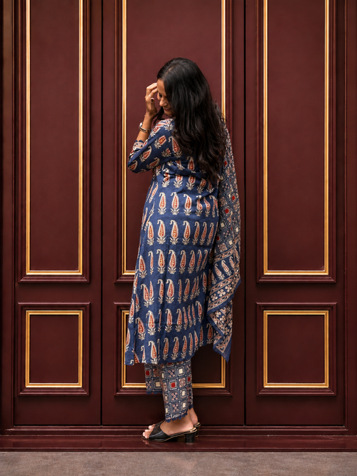 Navy Blue Paisley Printed Cotton Kurta Set with Dupatta