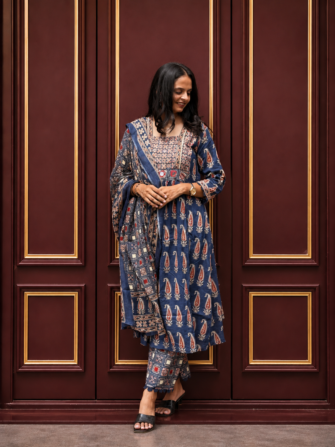Navy Blue Paisley Printed Cotton Kurta Set with Dupatta