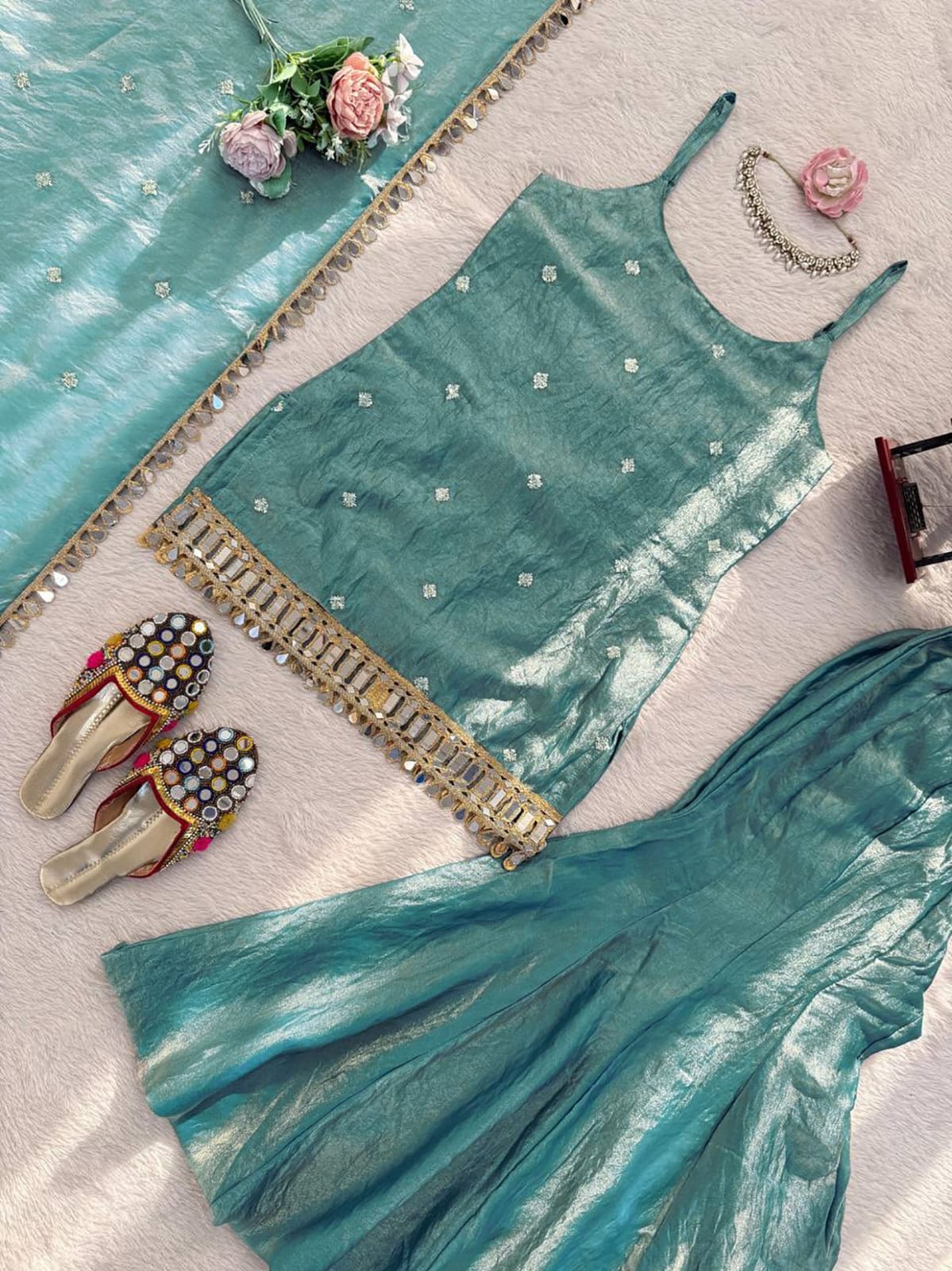 Mirror Work Sharara Suit Set with Designer Dupatta
